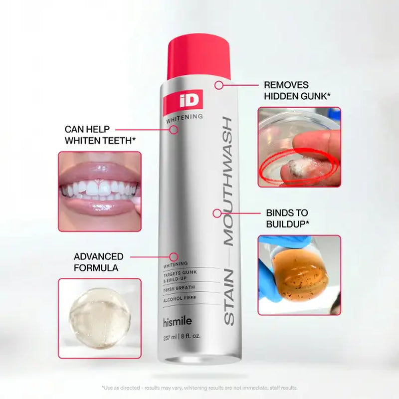 Hismile Id Stain Whitening Mouthwash for White Teeth, Freshens Breath with Essential Oils 237Ml