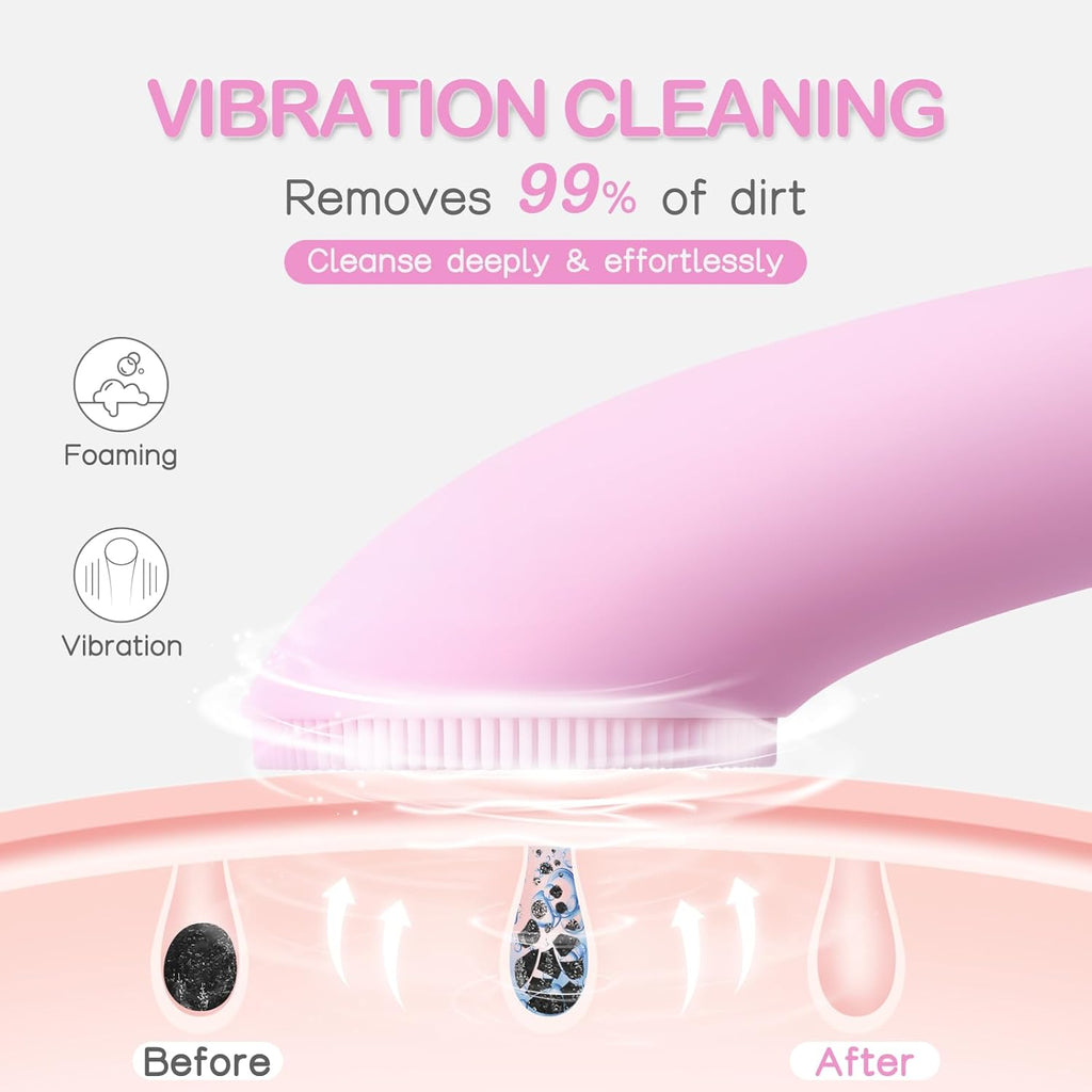Facial Cleansing Brush, Rechargeable Silicone Face Scrubber with Heat Massage End, Vibrating Exfoliator Scrubber for Deep Cleaning, Waterproof Face Brush for Women and Men (Pink)