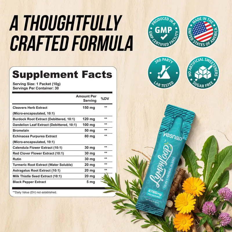 Revitalize Your Wellness with YESNAP Lymphatic Drainage Support – A Powerful 12-In-1 Herbal Blend of Cleavers, Burdock Root, Dandelion & Echinacea, Perfect for Debloating & Detoxing – Sugar-Free Orange Mango Flavor, 30 Convenient Stick Packs