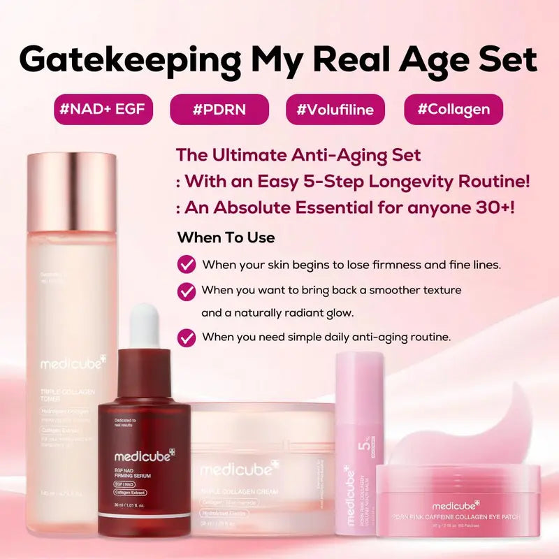 [Medicube] Gatekeeping My Real Age Set | 5-Step Longevity, Anti- Aging Routine L PDRN & Volufiline & Collagen & NAD+ EGF Complex L Cares for Look of Fine Lines, Firming Care, Radiant & Youthful Looking, Plumping | Korean Skincare, K-Beauty