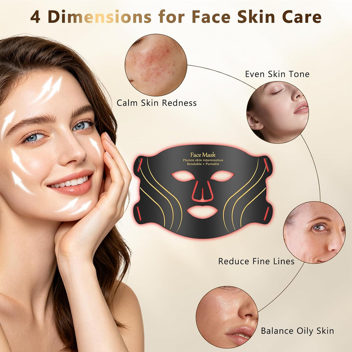 Red Light Therapy Mask for Face, 4 Modes, Cordless LED Face Mask 850Nm NIR