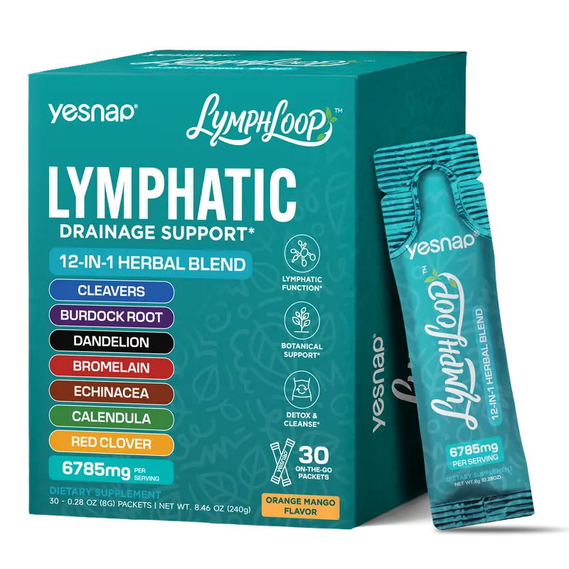 Revitalize Your Wellness with YESNAP Lymphatic Drainage Support – A Powerful 12-In-1 Herbal Blend of Cleavers, Burdock Root, Dandelion & Echinacea, Perfect for Debloating & Detoxing – Sugar-Free Orange Mango Flavor, 30 Convenient Stick Packs
