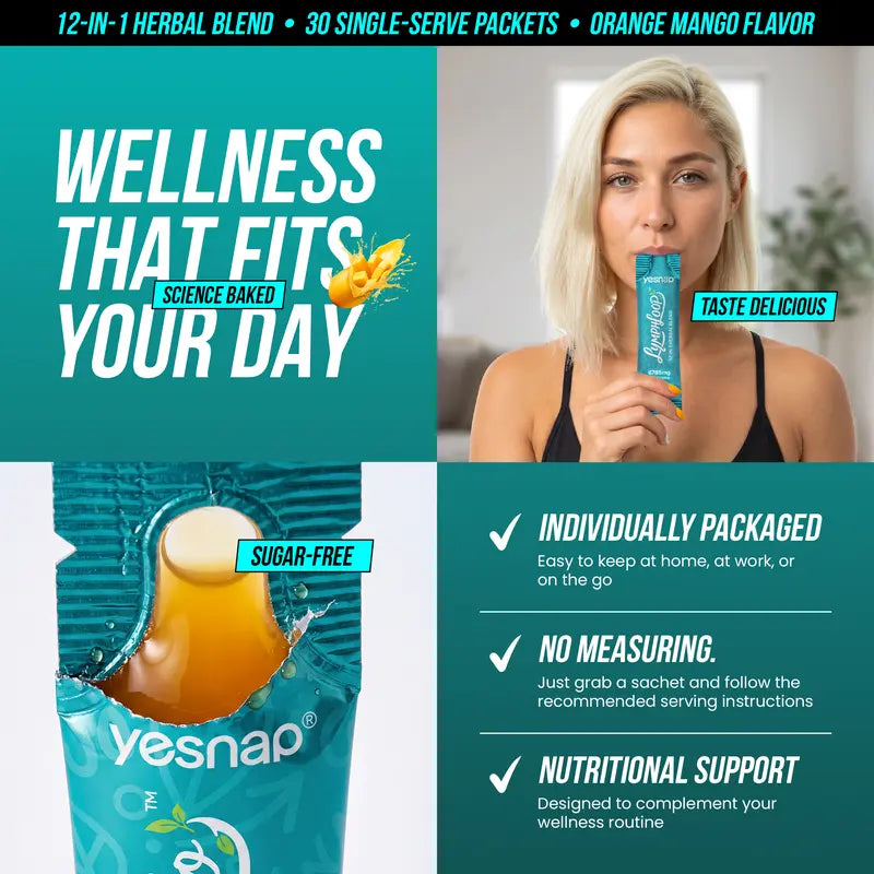 Revitalize Your Wellness with YESNAP Lymphatic Drainage Support – A Powerful 12-In-1 Herbal Blend of Cleavers, Burdock Root, Dandelion & Echinacea, Perfect for Debloating & Detoxing – Sugar-Free Orange Mango Flavor, 30 Convenient Stick Packs