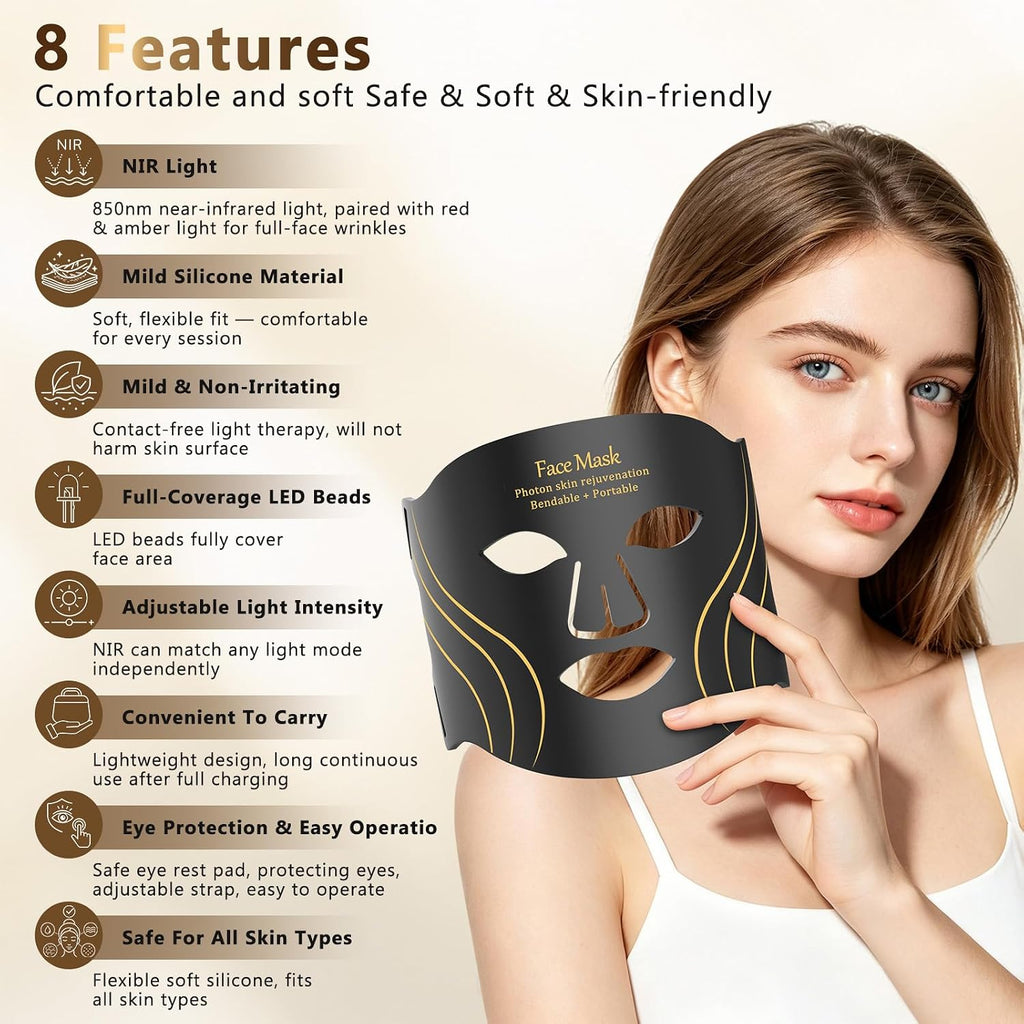 Red Light Therapy Mask for Face, 4 Modes, Cordless LED Face Mask 850Nm NIR